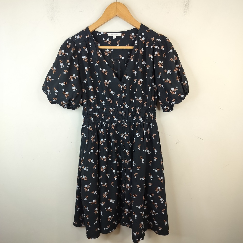 Madewell Floral Mini Dress Small Floral Puff Sleeve Smocked Waist Black